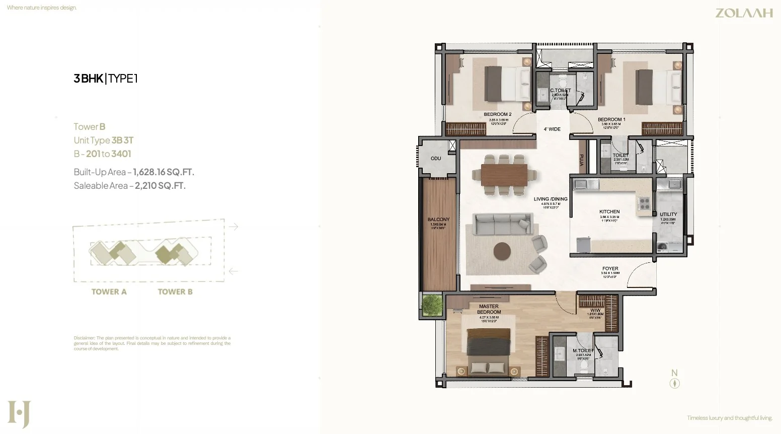 3 BHK Type 1 – 2210 sqft floor plan, Tower B