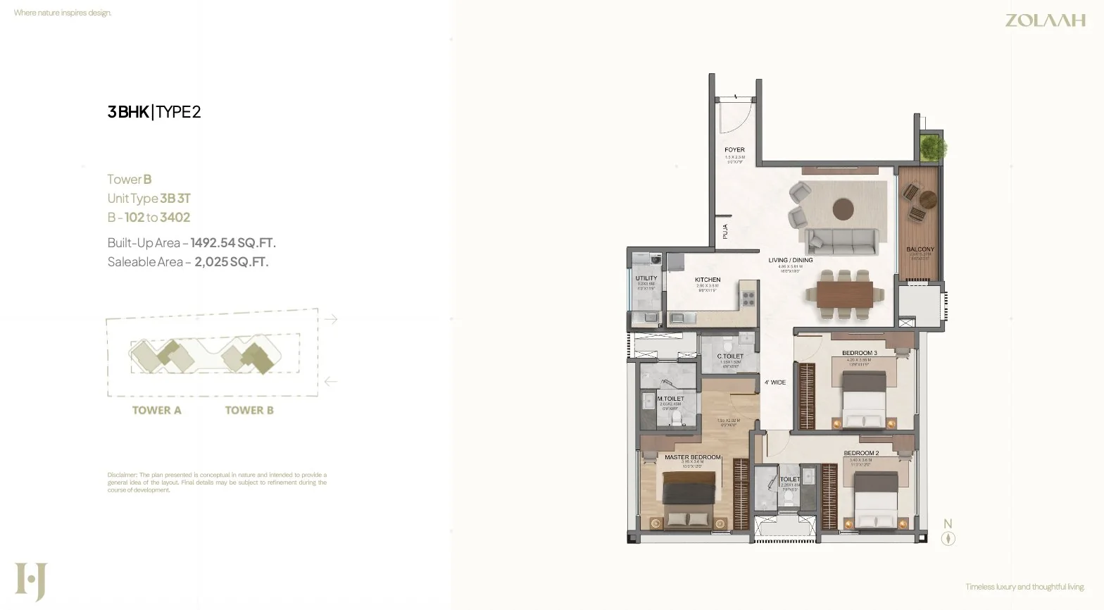 3 BHK Type 2 – 2025 sqft floor plan, Tower B