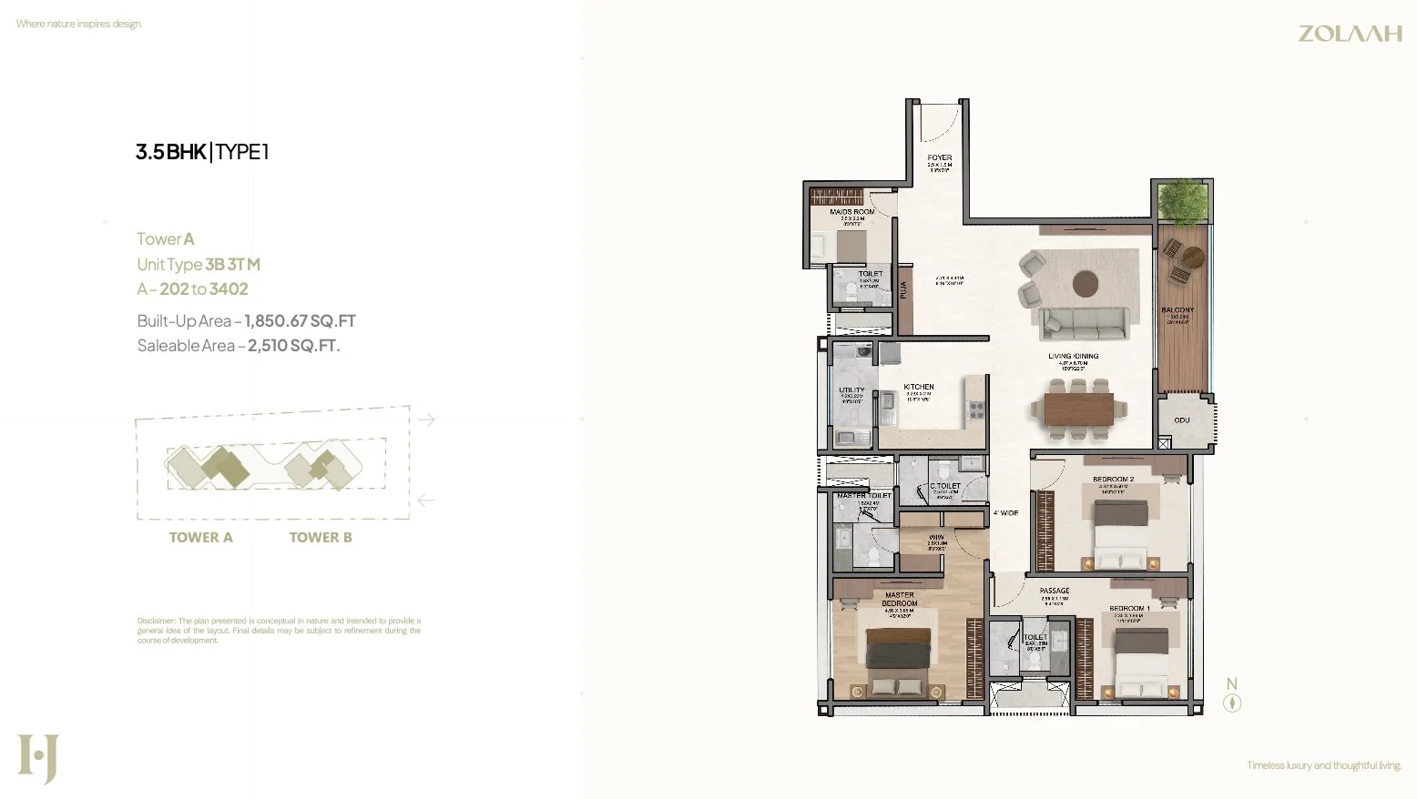 3.5 BHK Type 1 – 2510 sqft floor plan, Tower A