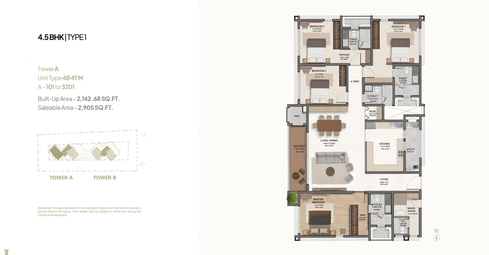 4.5 BHK Type 1 – 2905 sqft floor plan, Tower A